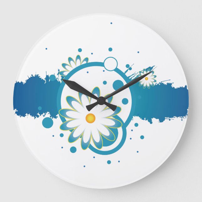 Blue Flower Paint Splash Wall Clock (Front)