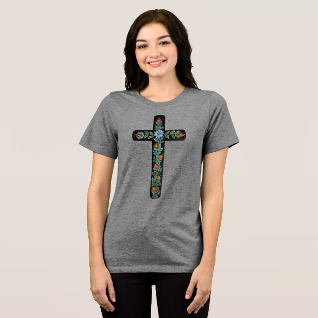 Blue Flower Painted Cross Tri-Blend Shirt (Front Full)