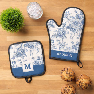 Blue Flower Pattern Oven Mitt & Pot Holder Set