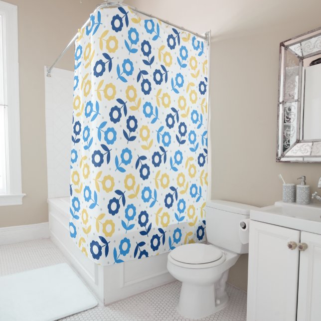 Blue Flower Pattern Retro 60s Coastal Vibe Shower Curtain (In Situ)