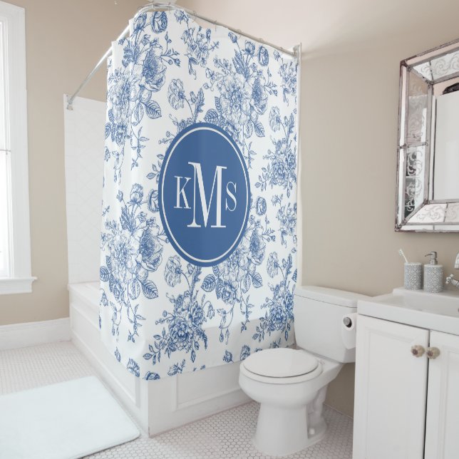 Blue Flower Pattern Shower Curtain (In Situ)