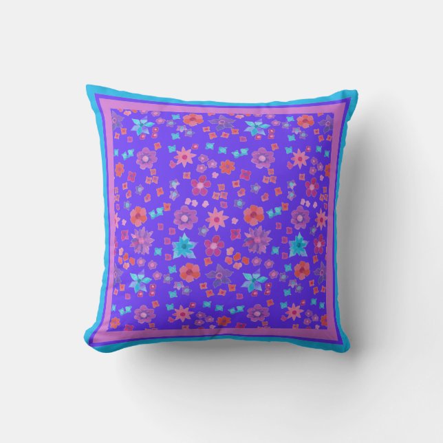 Blue Flower-Power Throw Pillow or Scatter Cushion (Front)