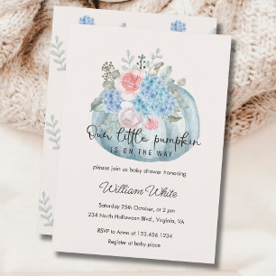 Blue Flower Pumpkin Halloween Fall Baby Shower Invitation