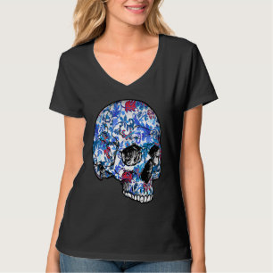 Blue Flower Skull Sugar Skull With a Floral Patter T-Shirt