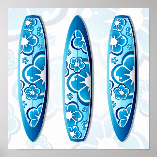 Blue Flower Surfboards Summer beach art Poster (Front)