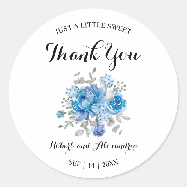 Blue Flower Sweet Treat Wedding Thank You Classic Round Sticker (Front)