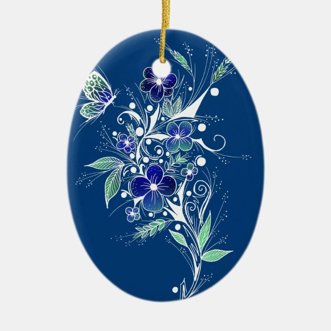 Blue Flower Tattoo Ceramic Tree Decoration (Front)