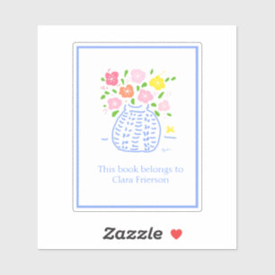 Blue Flower Vase Bookplate Sticker