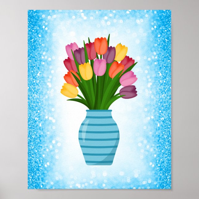 Blue Flower Vase with colourful Tulips with Border Poster (Front)