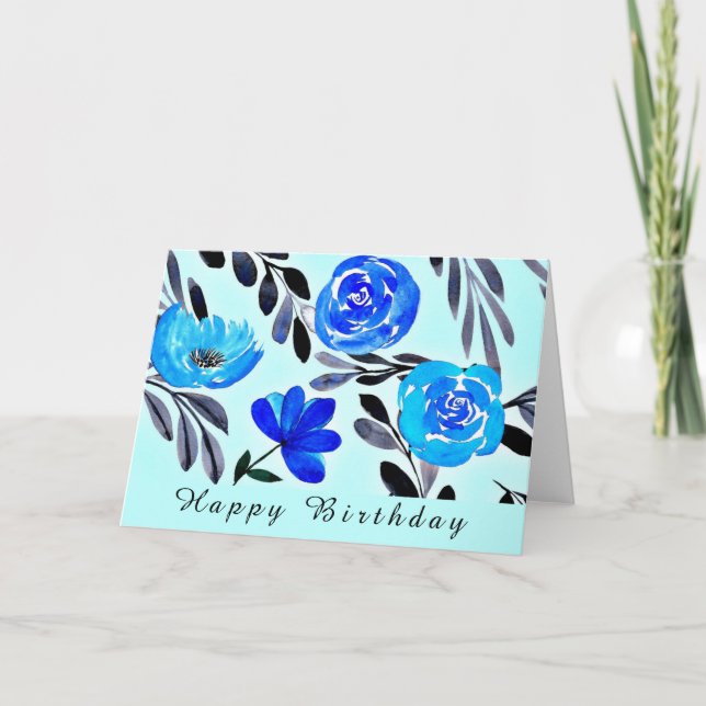 BLUE FLOWER WATERCOLOR ART BIRTHDAY CARD (Front)