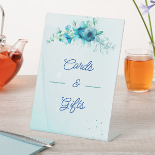 Blue Flower Wedding Cards And Gifts  Pedestal Sign