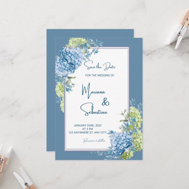 blue flower wedding invitations  (Front/Back In Situ)
