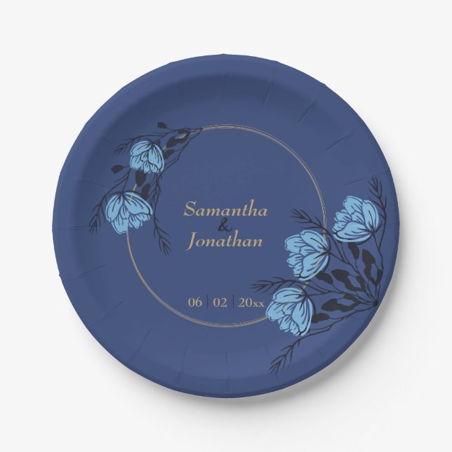 Blue Flower Wedding Paper Plate (Front)
