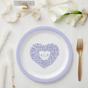Blue flower wedding tulips heart bouquet monogram paper plate