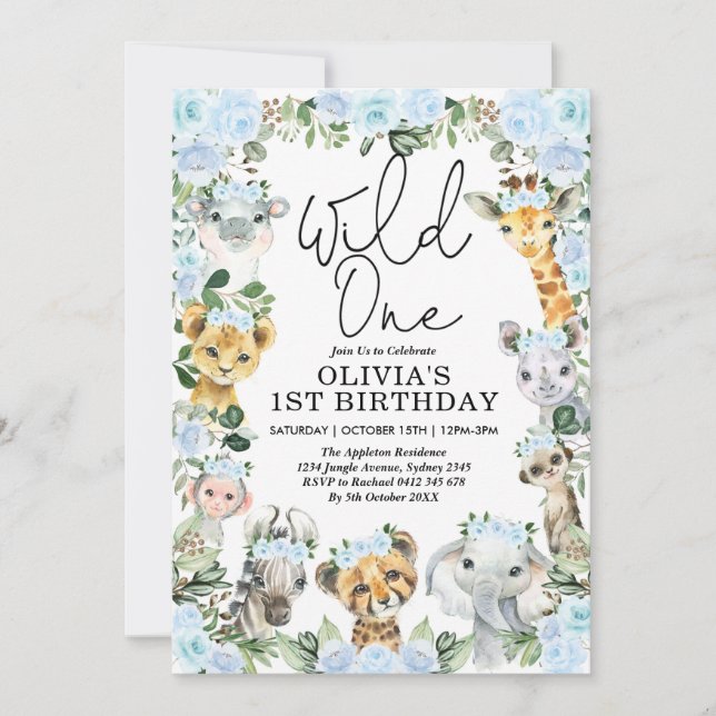 Blue Flower Wild One Jungle Safari 1st Birthday Invitation (Front)