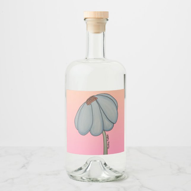 Blue Flower with Pink Background Liquor Bottle Label (Front)