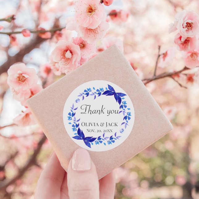 Blue Flower Wreath Thank You Wedding Favour Sticke Classic Round Sticker (Blue flower wreath wedding thank you circle sticker)