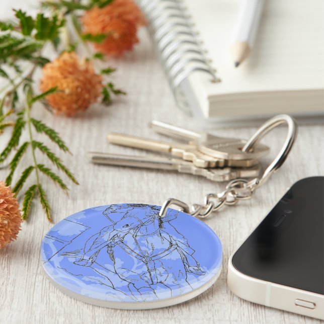 Blue Flowered Barrel Racer (customise) ~ Round Key Ring (Front Right)