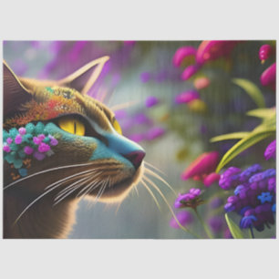 Blue flowered calico cat, Fantasy Tissue Paper