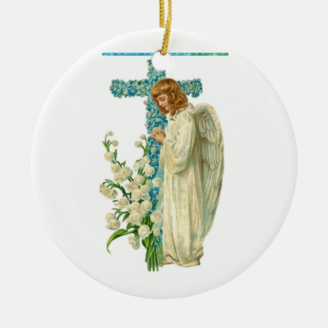 Blue Flowered Christian Cross Ceramic Ornament (Front)