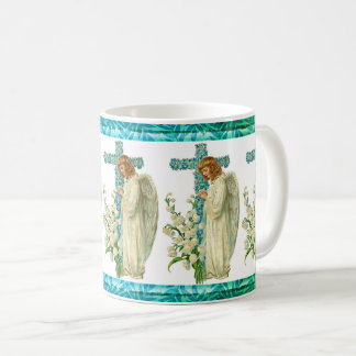 Blue Flowered Christian Cross Coffee Mug