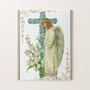 Blue Flowered Christian Cross Jigsaw Puzzle