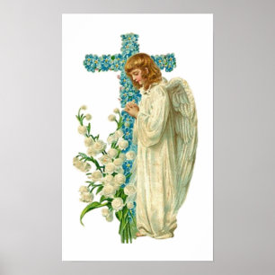 Blue Flowered Christian Cross Poster
