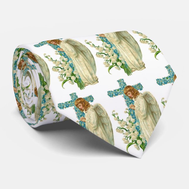 Blue Flowered Christian Cross Tie (Rolled)