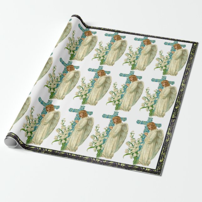 Blue Flowered Christian Cross Wrapping Paper (Unrolled)