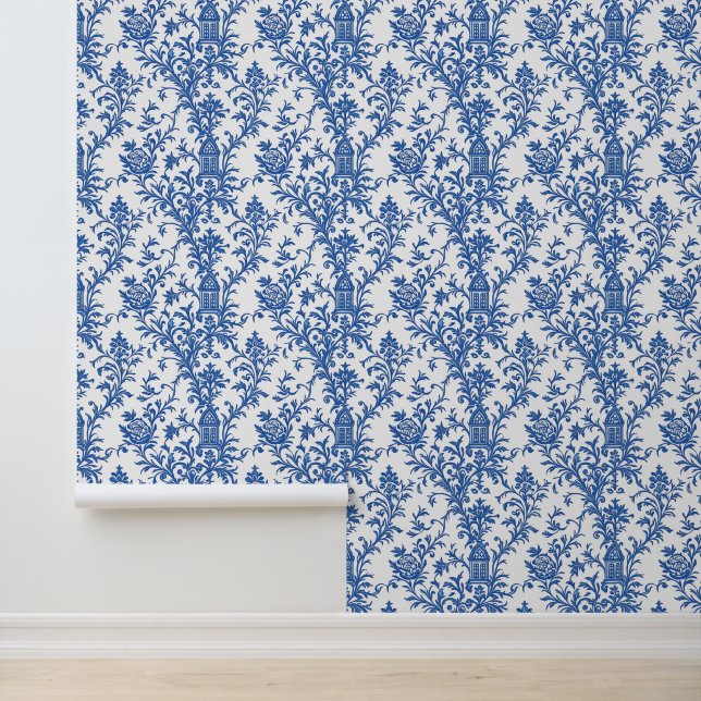 Blue Flowering Toile Wallpaper (Application)