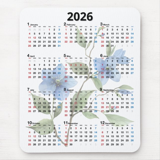 Blue Flowers 2026 Calendar On White Mouse Pad (Front)