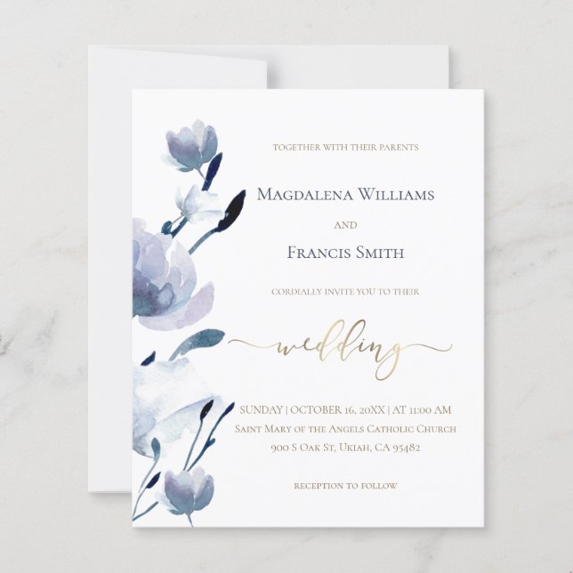 blue flowers affordable wedding invitation (Front)