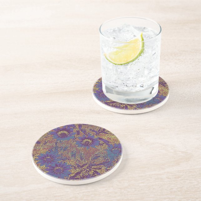 Blue flowers against leaf camouflage pattern coaster (Side)