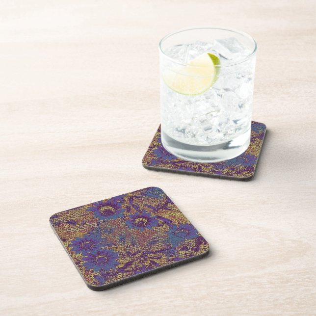 Blue flowers against leaf camouflage pattern coaster (Right Side)