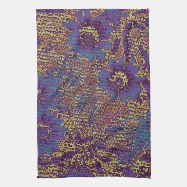 Blue flowers against leaf camouflage pattern tea towel (Vertical)