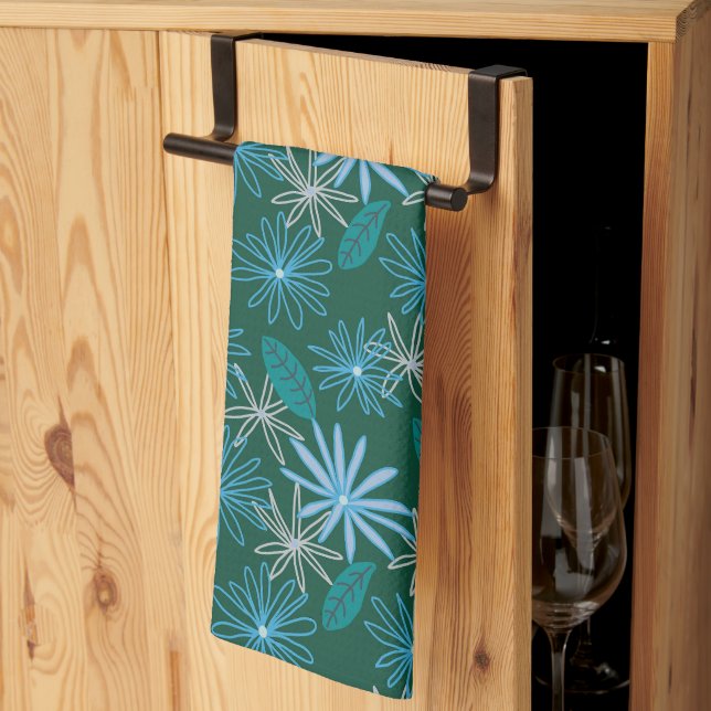 Blue Flowers Among Forest Green Tea Towel (Thirds Fold)