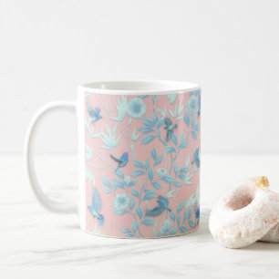 blue flowers and bird ,Background light rose colou Coffee Mug