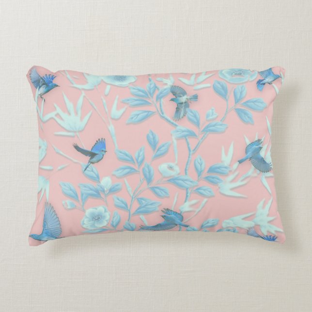blue flowers and bird ,Background light rose colou Decorative Cushion (Front)