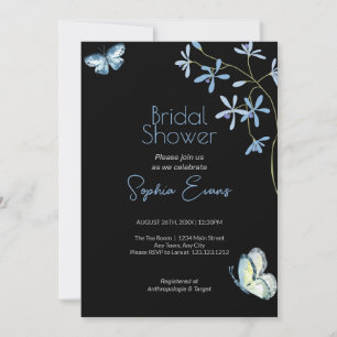 Blue Flowers and Butterflies Black Bridal Shower Invitation