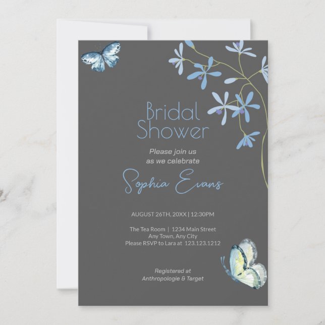 Blue Flowers and Butterflies Grey Bridal Shower Invitation (Front)