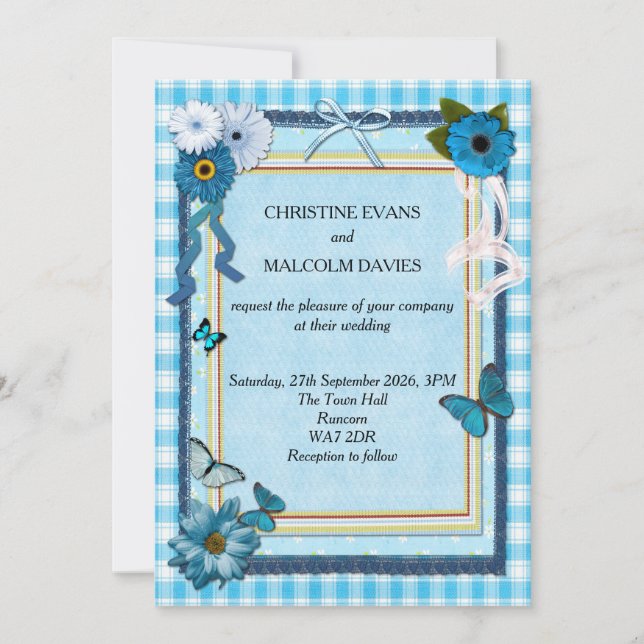 Blue Flowers and Butterflies Invitation (Front)