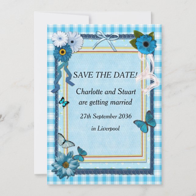 Blue Flowers and Butterflies Save The Date (Front)