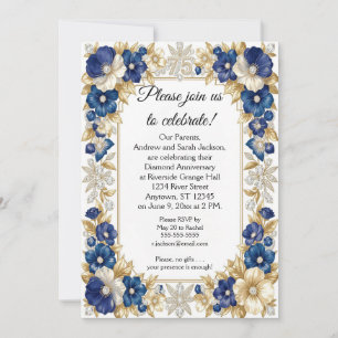 Blue Flowers and Diamonds 75th Anniversary Invitation