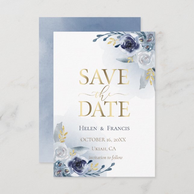 blue flowers and faux gold details | save the date invitation (Front/Back)