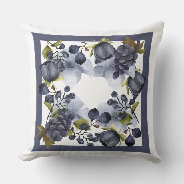 Blue flowers and fruits in frame cushion (Front)