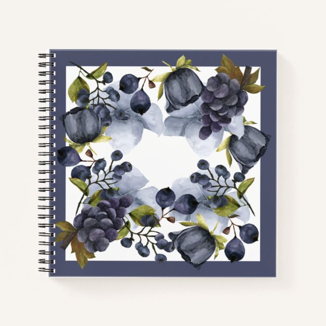Blue flowers and fruits in frame notebook (Front)