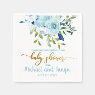 Blue flowers and gold accents baby shower napkins. napkin