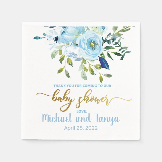 Blue flowers and gold accents baby shower napkins. napkin (Front)