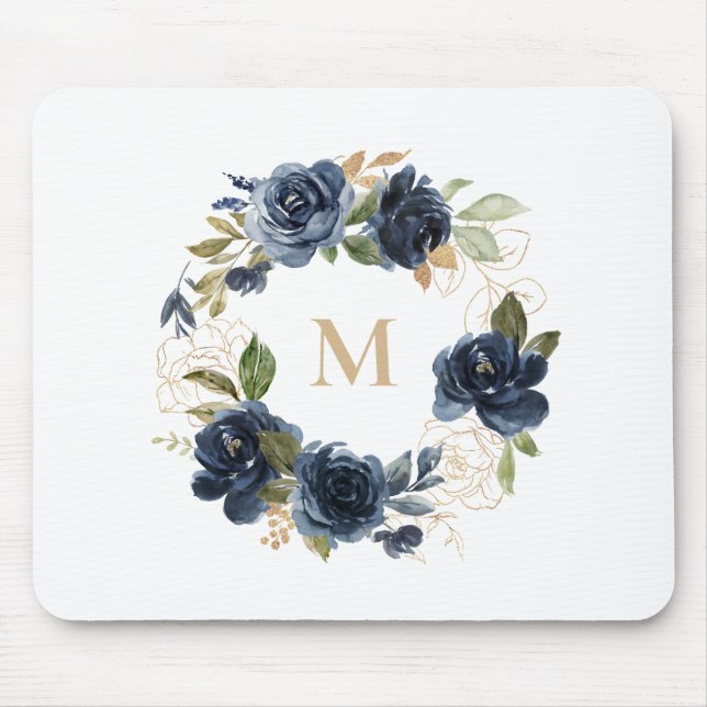 Blue Flowers and Gold Foil Leaves Wreath Monogram Mouse Pad (Front)