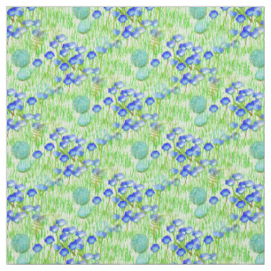 Blue Flowers And Grass Nature Art Pattern Fabric